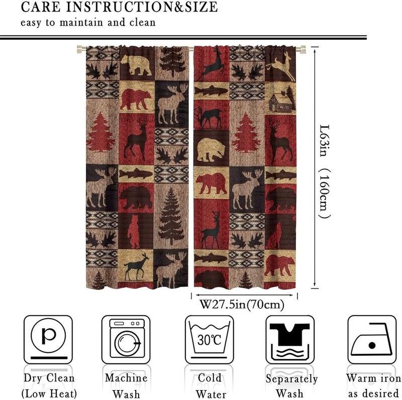 Kazynee Vintage Check Black Bear Rod Pocket Blackout Curtains for Living Room,Room Darkening Rustic Country Farmhouse Cabin Elk Tree Plaid Window Treatment Drapes,2 Panels 63L x 27.5W - Image 2